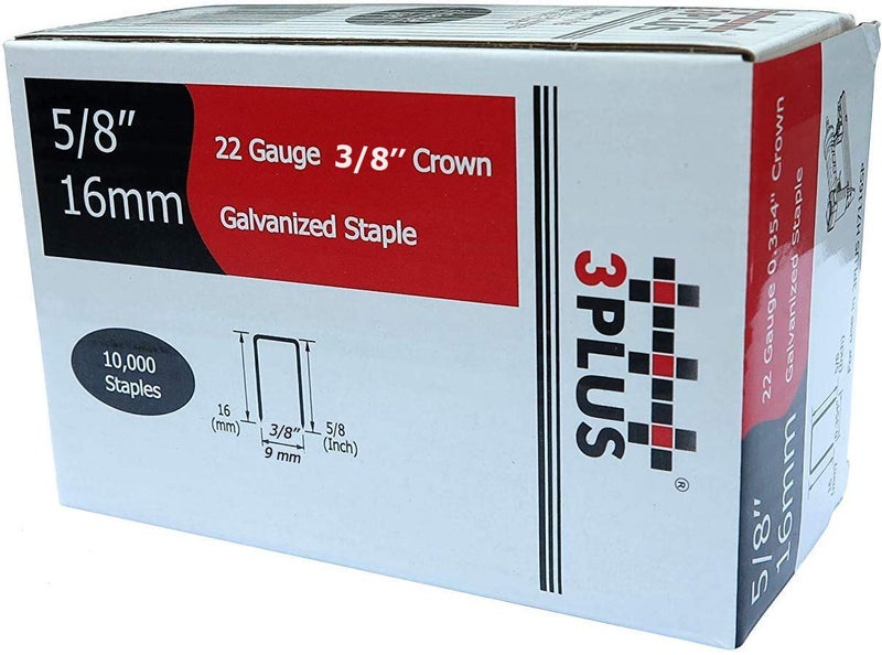 3PLUS 71/16 22 Gauge 3/8-Inch (9mm) Crown 5/8-Inch Leg Length Galvanized Fine Wire Staples, 10,000 per Box, 71 Series Staples - Image 1